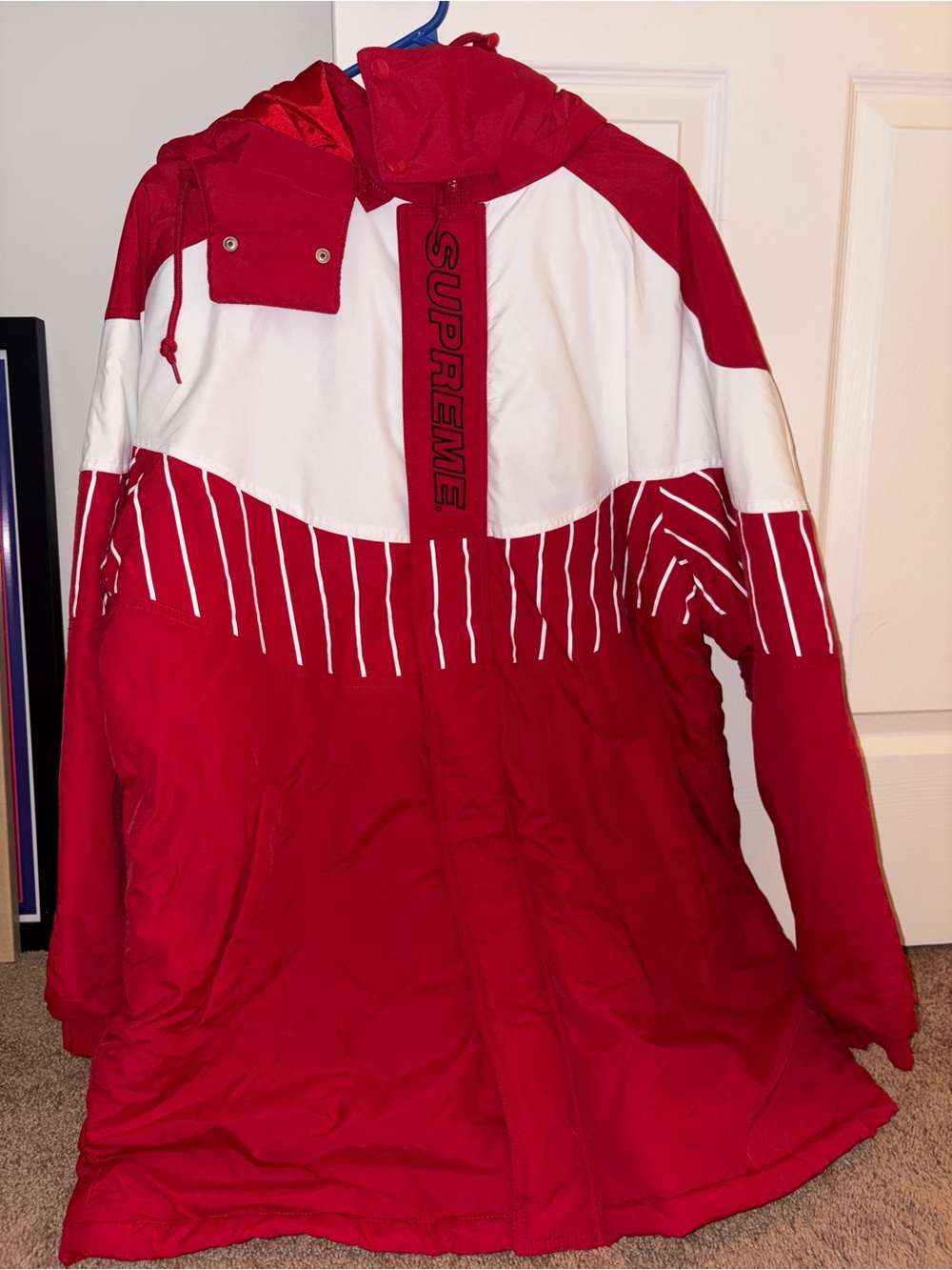 Supreme Red and White Hooded Pinstripe Sports Parka